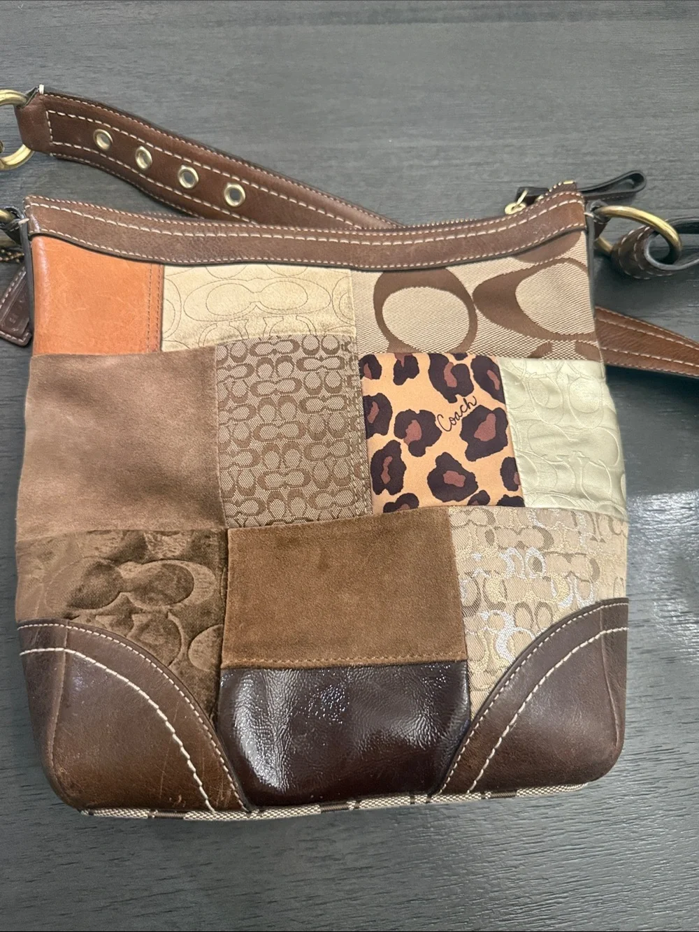 Coach Patchwork Signature Crossbody Bag Brown Animal Print Suede RARE F12840